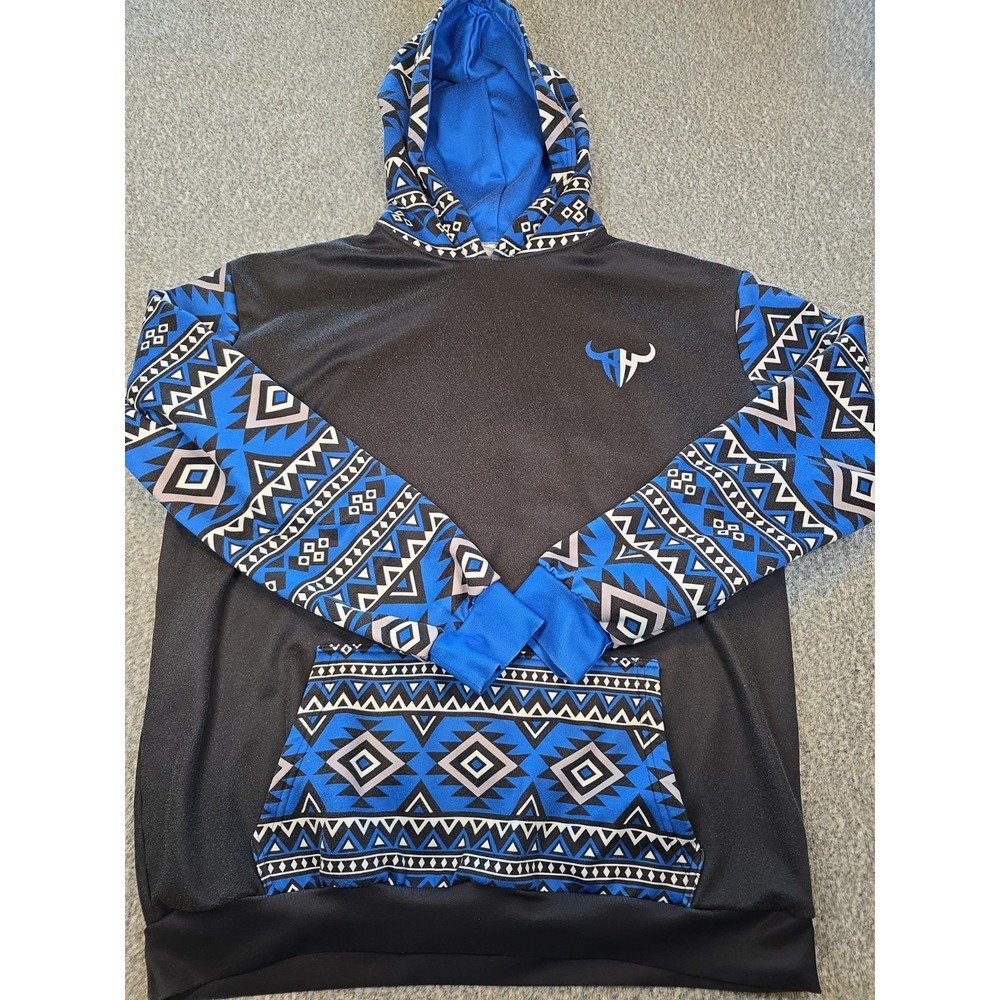 Rough Hands Men's Hoodie Black Royal Blue Aztec Southwestern Geometric Logo L